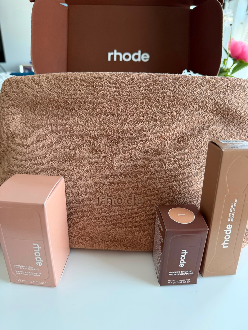 RHODE Textured Cosmetic Pouch with Coordinating Brown & Tan Boxes